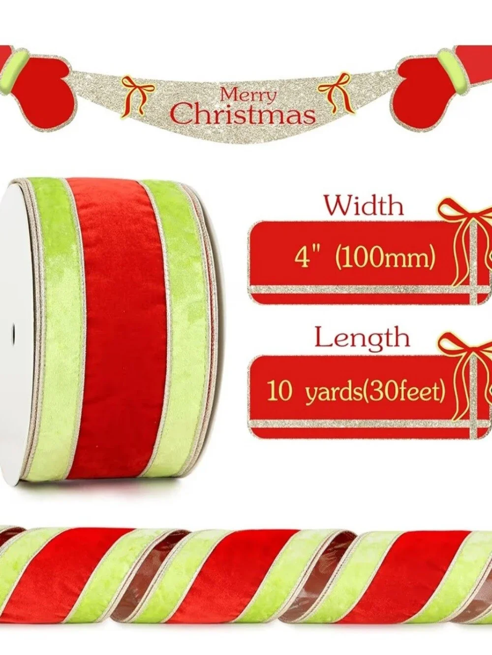 Festive Red and Lime Velvet Holiday Ribbon. 10 yards. NWT.